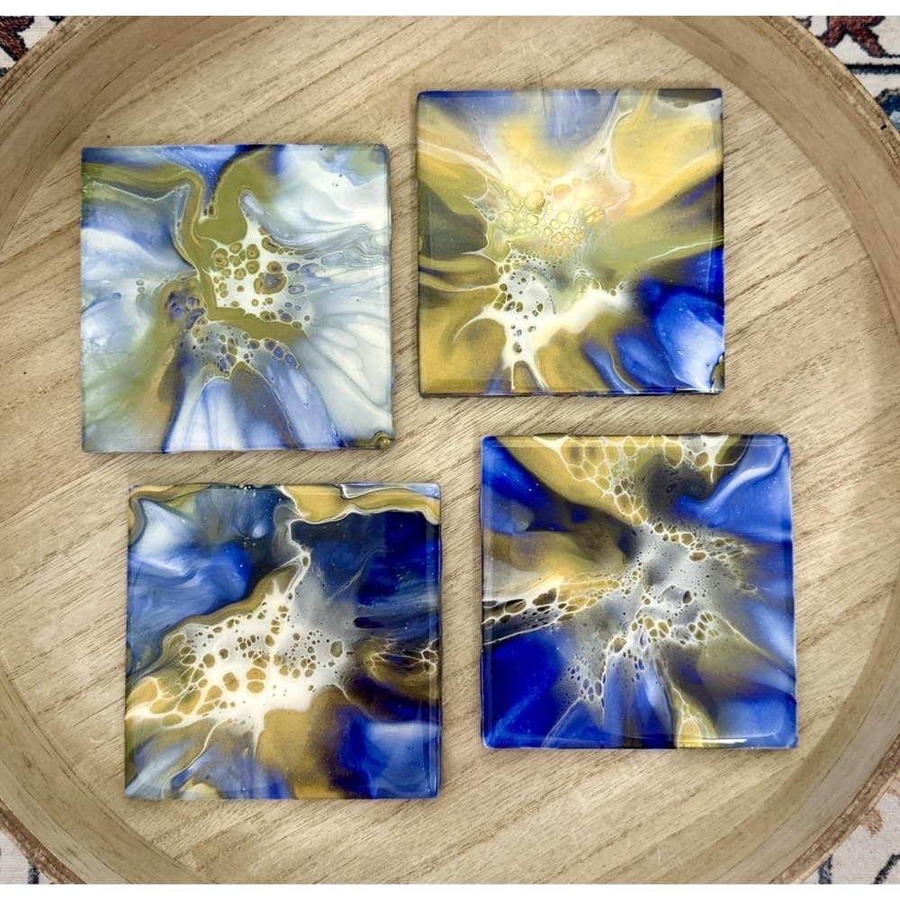 Acrylic Fluid Art Ceramic 4.25" Tile Cork Backed Coasters Blue Gold Mother's Day